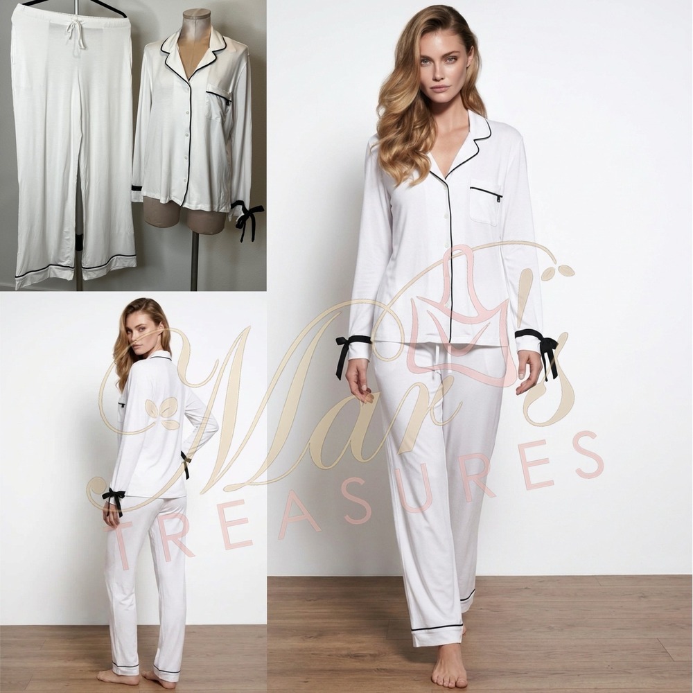 NWT VS Victoria's Secret White Black Ribbon PJ Pajamas Sleep Sz M